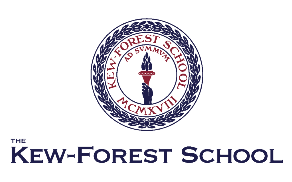 A green background with the words kew forest school in blue and red.