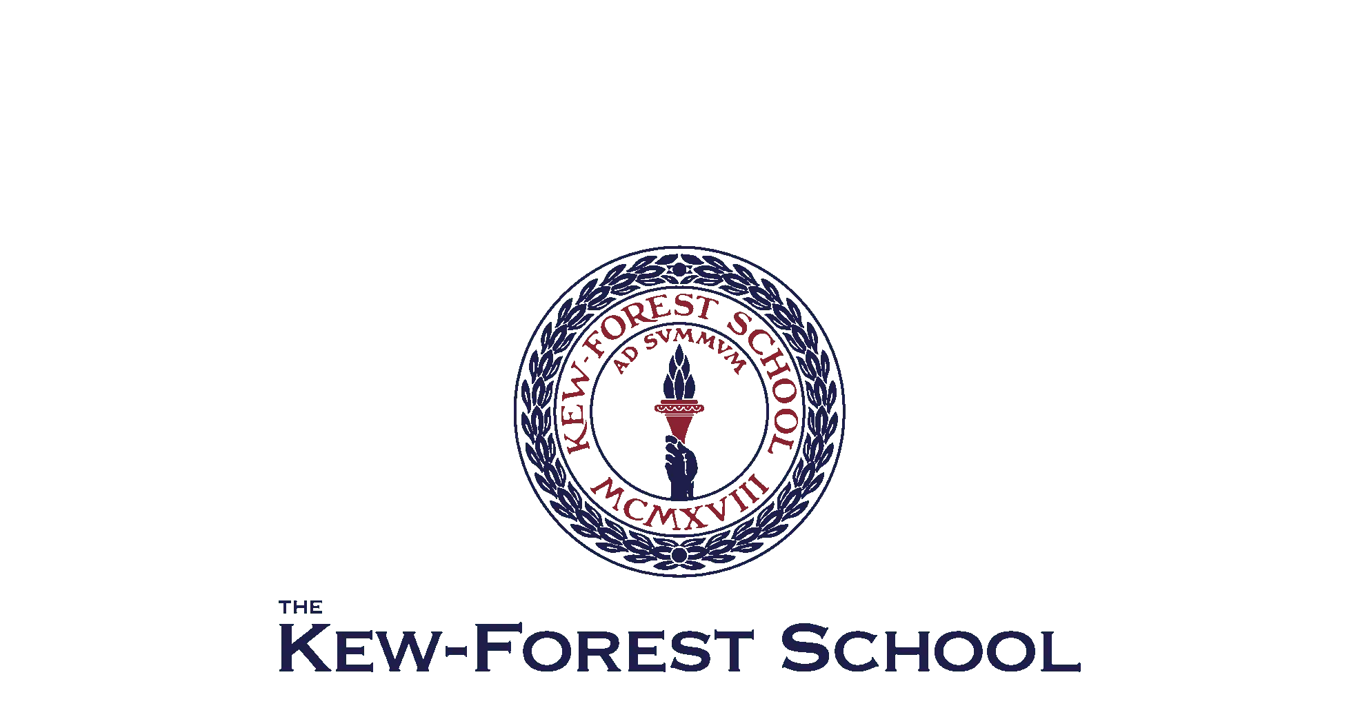A green background with the words kew forest school in blue and red.