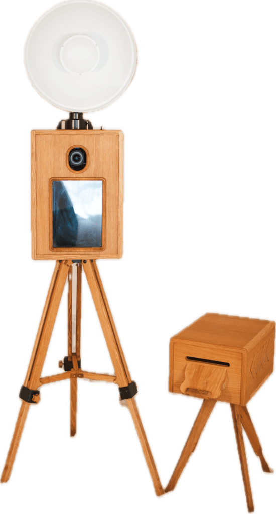 A wooden camera with a green background