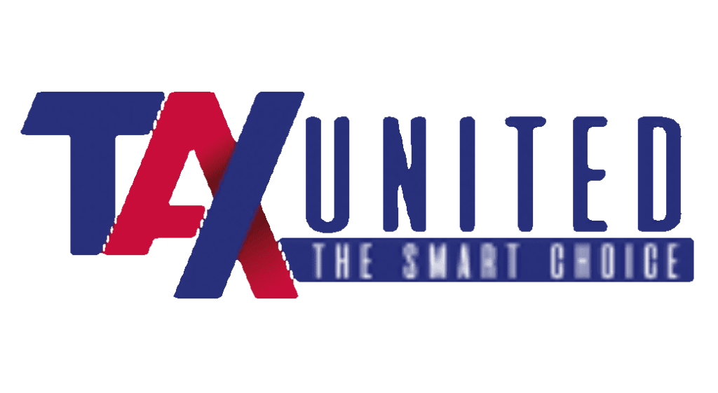 A green background with the words tax united in blue and red.